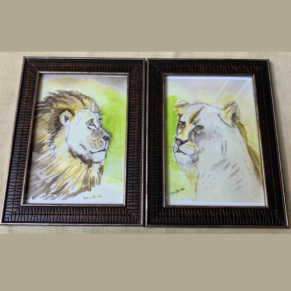 Framed Pair - Might Sweet Lion and Gentle Lioness watercolor prints